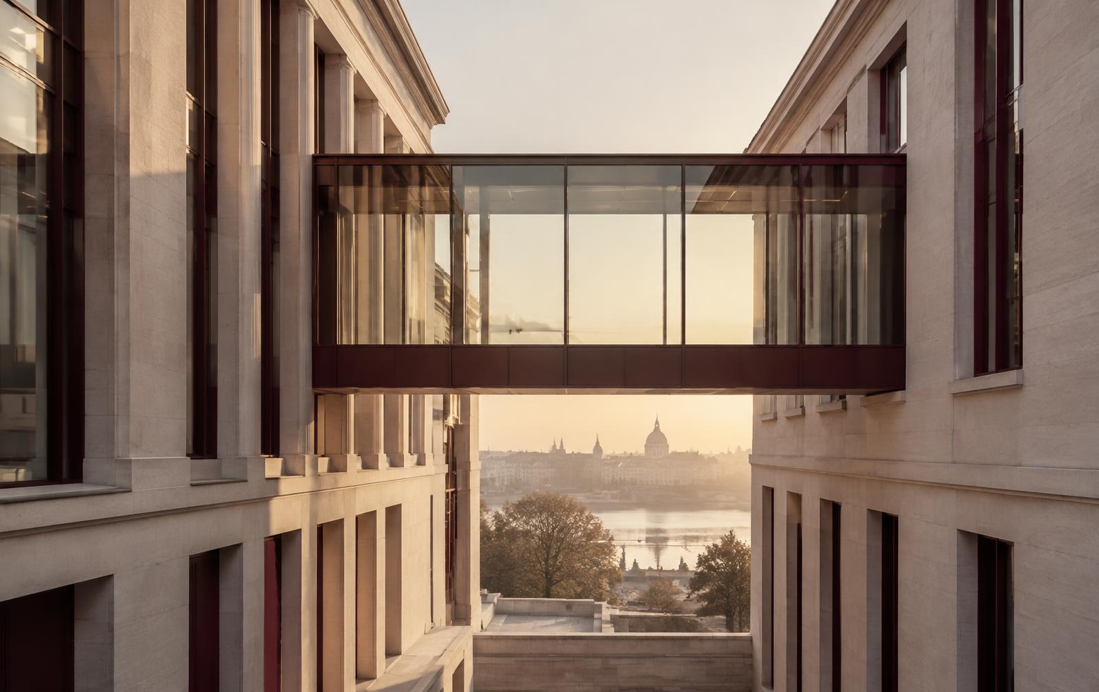 Passerelle architecturale entre deux bâtiments, lumière de l'aube